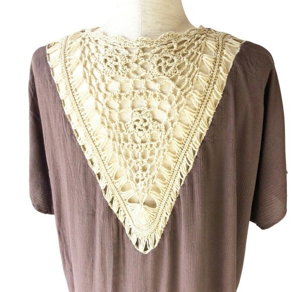 Umgee Womens Brown Crochet Lace Trim Short Sleeve Fringe Kimono Cardigan - Picture 7 of 13